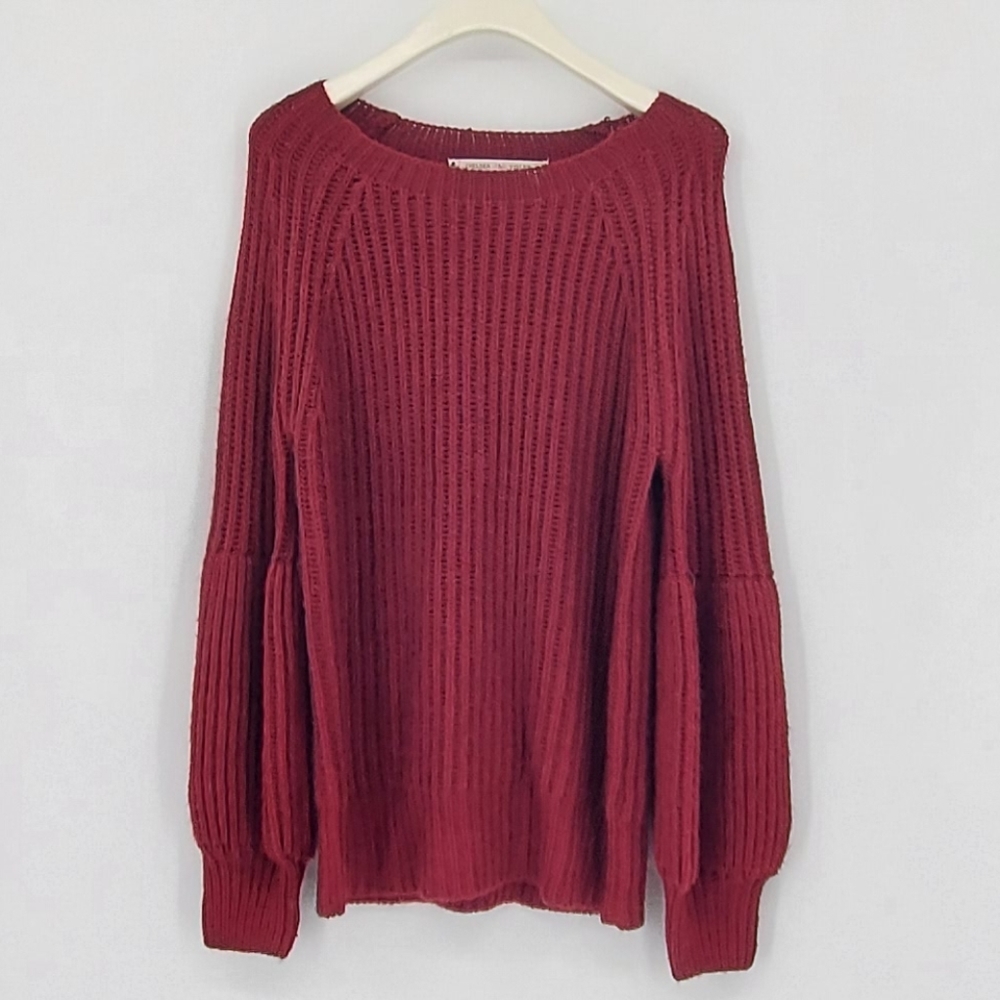 Chelsea & Violet Ribbed Port Samba Chunky Long Puff Sleeve Knit Sweater Small 4
